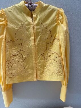 Magaschoni Eyelit yellow blouse:  long sleeve